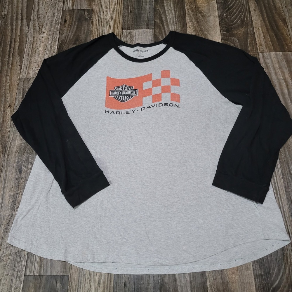 Harley Davidson Black T-Shirt Mens 4XL Long Sleeve Gray Black Checkered Flag